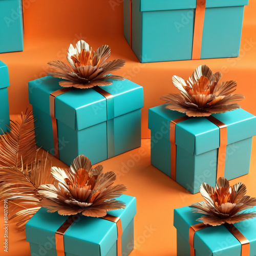 Turquoise gift box on orange background