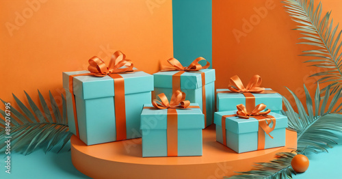Turquoise gift box on orange background