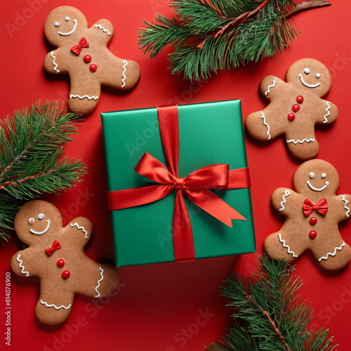 green gift box with a bow on a red background with Christmas tree flowers and ginger cookies. Decoration for Christmas