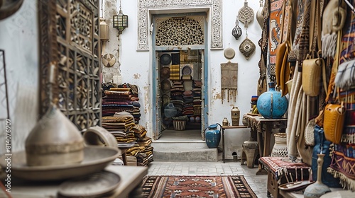 Exotic Moroccan design elements gracefully displayed on a white canvas, capturing the mystique and allure of the bustling souks of Marrakech. photo