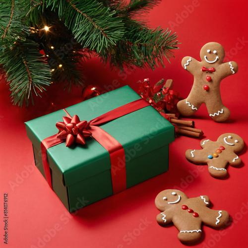 green gift box with a bow on a red background with Christmas tree flowers and ginger cookies. Decoration for Christmas