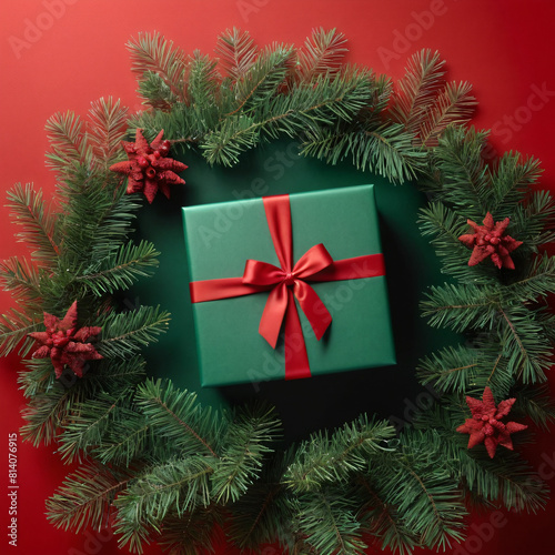 green gift box with a bow on a red background with Christmas tree flowers and ginger cookies. Decoration for Christmas