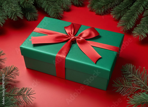 green gift box with a bow on a red background with Christmas tree flowers and ginger cookies. Decoration for Christmas