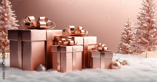 Pink gift box with a bow on a pink background with Christmas trees and sparkles. Decoration for Christmas
