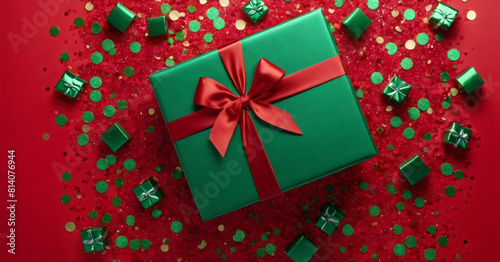 green gift box with a bow on a red background. Decoration for Christmas