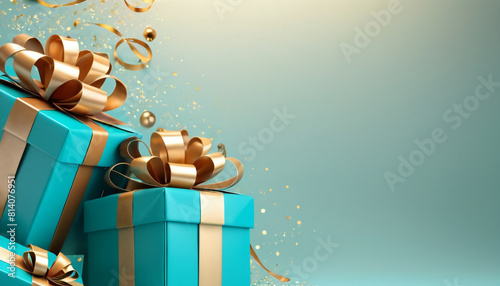 Turquoise gold decoration. Holiday gifts with bows, balls and sparkles, beautiful boxes. Birthday or Christmas