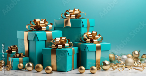 Turquoise gold decoration. Holiday gifts with bows, balls and sparkles, beautiful boxes. Birthday or Christmas