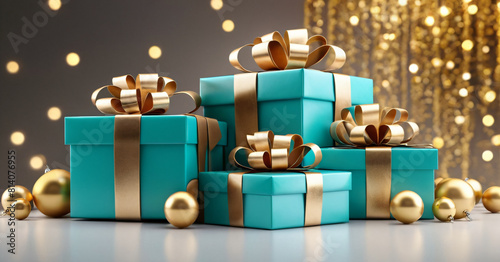 Turquoise gold decoration. Holiday gifts with bows, balls and sparkles, beautiful boxes. Birthday or Christmas