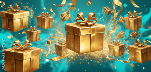 Turquoise gold decoration. Holiday gifts with bows, balls and sparkles, beautiful boxes. Birthday or Christmas