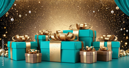 Turquoise gold decoration. Holiday gifts with bows, balls and sparkles, beautiful boxes. Birthday or Christmas
