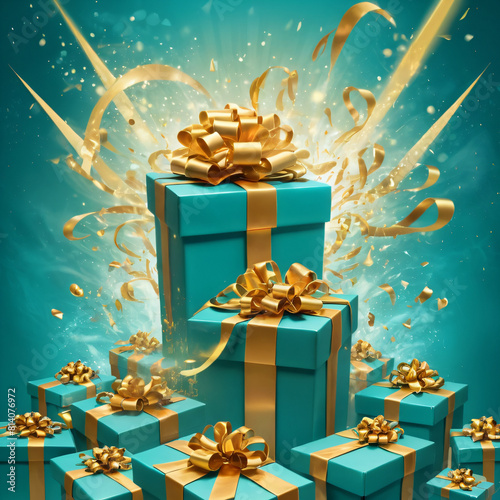 Turquoise gold decoration. Holiday gifts with bows, balls and sparkles, beautiful boxes. Birthday or Christmas
