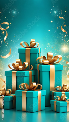 Turquoise gold decoration. Holiday gifts with bows, balls and sparkles, beautiful boxes. Birthday or Christmas