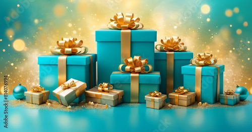 Turquoise gold decoration. Holiday gifts with bows, balls and sparkles, beautiful boxes. Birthday or Christmas