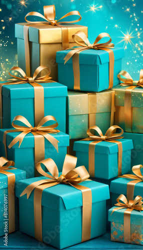 Turquoise gold decoration. Holiday gifts with bows, balls and sparkles, beautiful boxes. Birthday or Christmas
