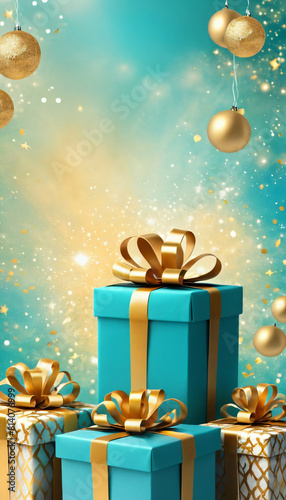 Turquoise gold decoration. Holiday gifts with bows, balls and sparkles, beautiful boxes. Birthday or Christmas