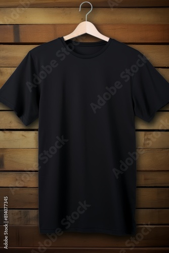 Black t-shirt on a hanger on a wooden background.