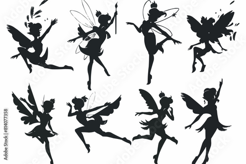 Cartoon magic fairy tale little fairies silhouettes. Magical little fairies girls flying with butterflies illustration set. Fantasy pixie creatures.