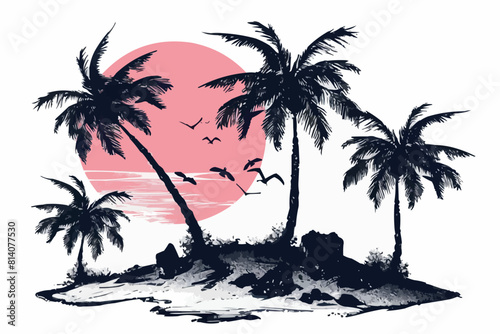 Tropical beach set with palm trees and sunset. Vector illustration