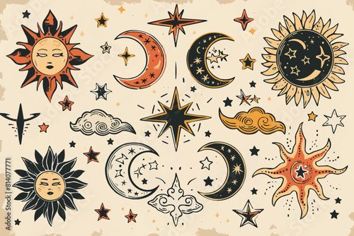 Hand drawn vector illustrations. Space elements. Cosmic doodle objects (planets, stars, moon, sun, constellation). 