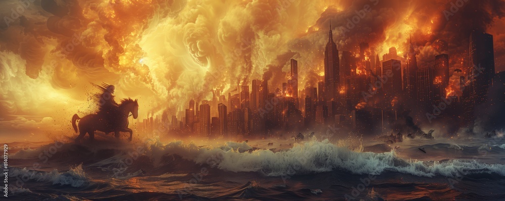 Apocalyptic vision with unicorn and city Apocalyptic vision with unicorn and city
