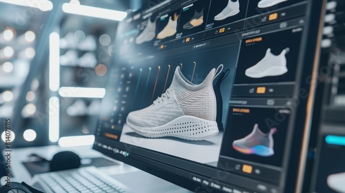 computer screen displaying a digital interface for customizing a pair of sneakers, with options to select colors, materials, and design details to create a personalized footwear style. photo