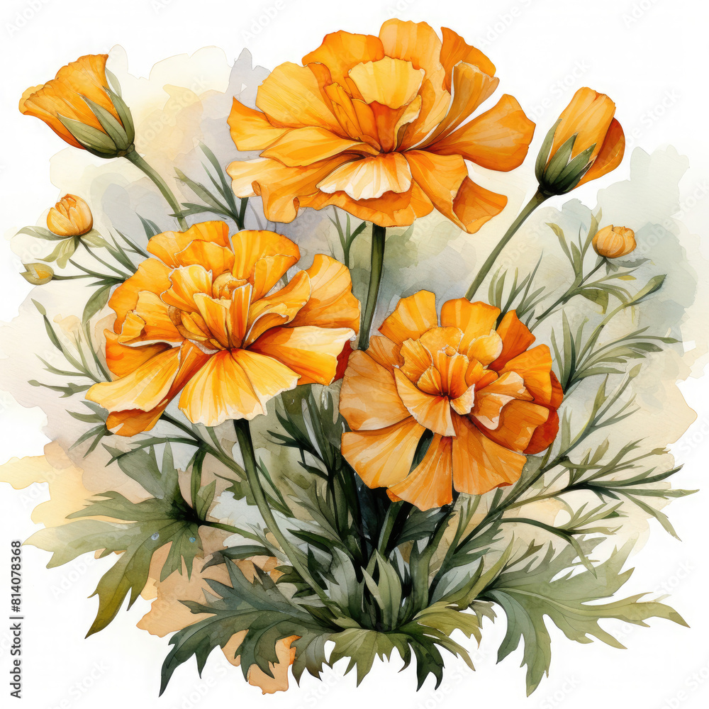 Watercolor Marigold Illustration, Generative Ai Watercolor Marigold Illustration, Generative Ai