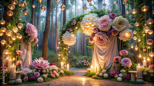 A whimsical showcase setup featuring oversized flowers, fairy-tale lighting, and a backdrop of magical forests