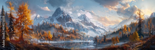 A panoramic view of the Mountains in fall with larch trees, dramatic clouds and snow on top of the mountains, highly detailed, high resolution photo