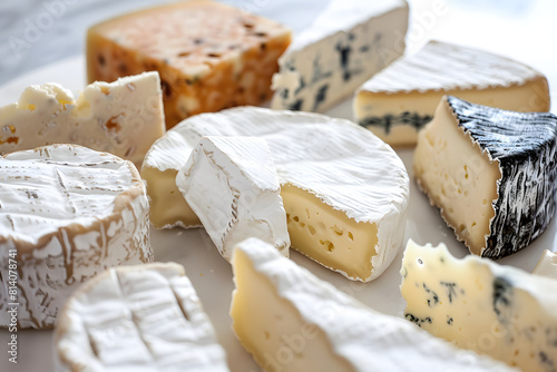 a selection of gourmet cheeses arranged on a white cheeseboard