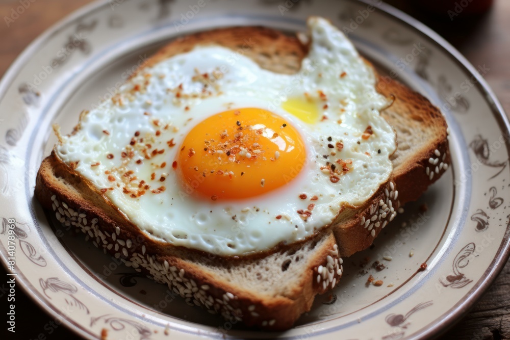 Freshly cooked sunny side up egg served on sesame seed toast, a simple breakfast delight Freshly cooked sunny side up egg served on sesame seed toast, a simple breakfast delight