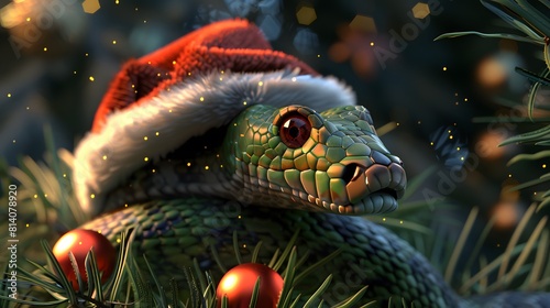 Festive Snake Wearing Santa Hat in Christmas Tree Decor