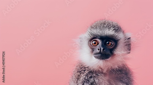 Expressive Vervet Monkey Portrait on Pink Background photo