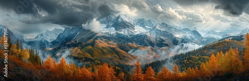 A panoramic view of the Rocky Mountains, showing larch trees in autumn colors with snow on top and dark storm clouds overhead. The mountains rise majestically against the backdrop of nature's photo