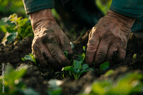 a farmer's hands tending to crops in the field