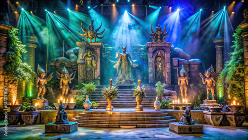 A fantasy-themed stage setup with mythical creature statues, mystical lighting, and a backdrop of ancient ruins