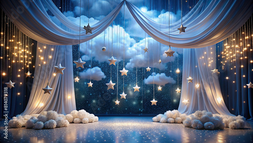 A dreamy stage setup with ethereal lighting, floating fabric clouds, and a backdrop of twinkling stars photo