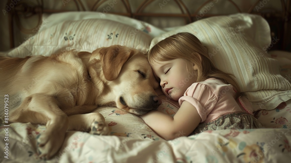 a small girl and a labrador sleeping together on a bed a small girl and a labrador sleeping together on a bed