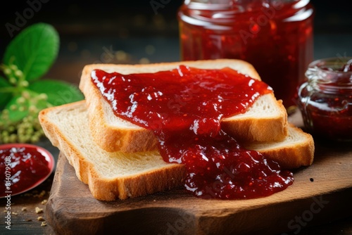 Delicious strawberry jam spread over fresh white bread toast, with jars in the background