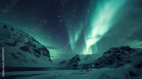 Aurora borealis on the nothern night sky with lights in green and blue colors photo