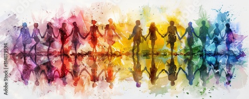 A group of people holding hands in unity  with watercolor art style. The background is white and the colors include reds  yellows  greens  blues  purples  pinks  oranges  and golds. 