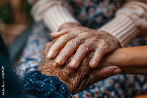 a nurse's hands comforting a patient in a hospital bed