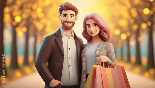 Um casal saindo de uma loja cheios de sacolas de compras photo