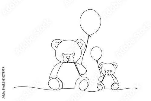 Cute teddy bears holding balloon one-line art drawing. Teddy toy birthday theme continuous outline vector.