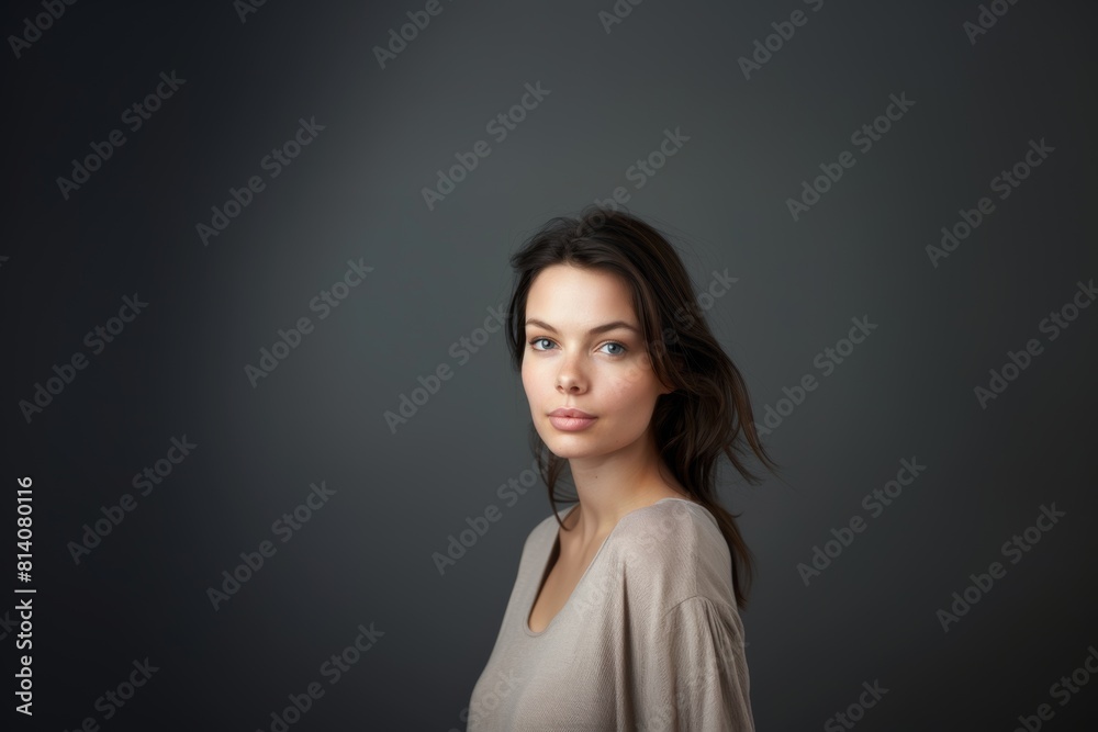 A brunette with wavy hair and a fleeting smile in light clothes on a gray background. Women's fashion and beauty, confident strong woman. A brunette with wavy hair and a fleeting smile in light clothes on a gray background. Women's fashion and beauty, confident strong woman.