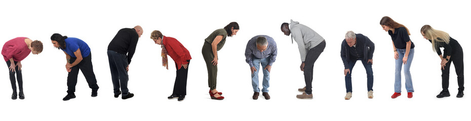 group of people crouching looking at the ground on white background