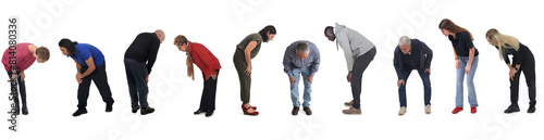 group of people crouching looking at the ground on white background