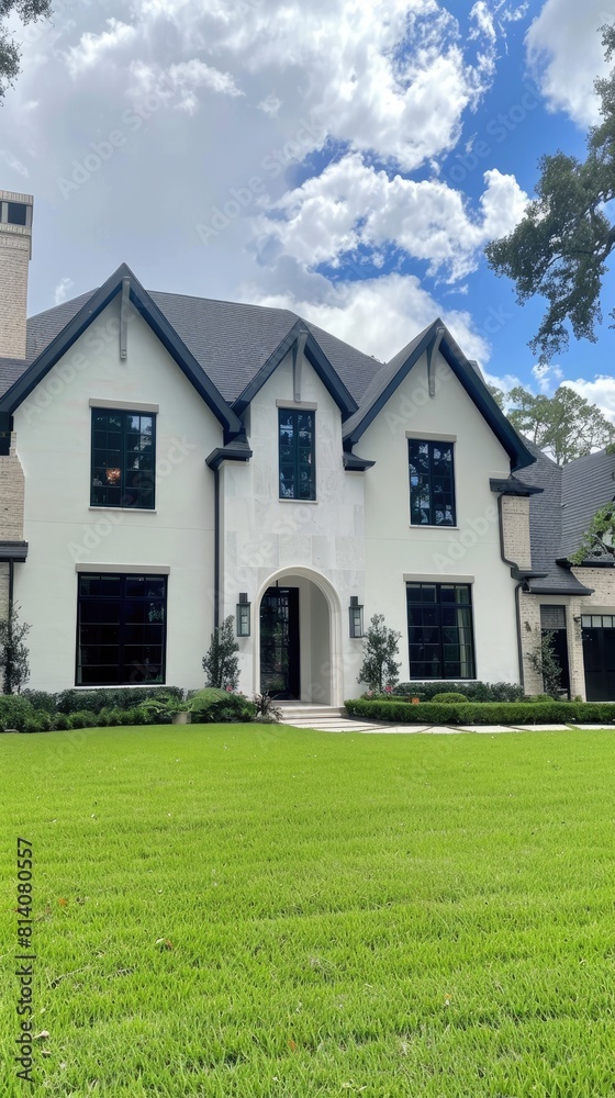 a cozy, modern European-style family home nestled amidst lush green grass in its yard, with a clean, neutral background highlighting the beauty of its natural surroundings.