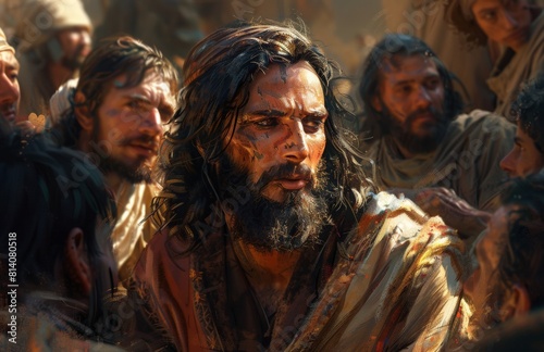 Jesus talking to his disciples, in biblical times, movie still. This scene depicts Jesus speaking with his disciples during biblical times. 