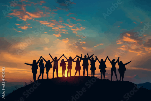 Silhouette group of happy friends is having fun with raised hands against sunset mountains