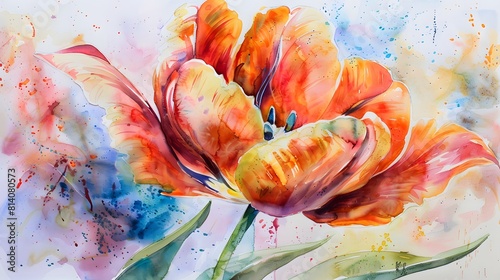 Vivid Orange Tulip with Dynamic Watercolor Splashes and Droplets